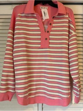 New In Pink Striped Long Sleeve Polo Tee